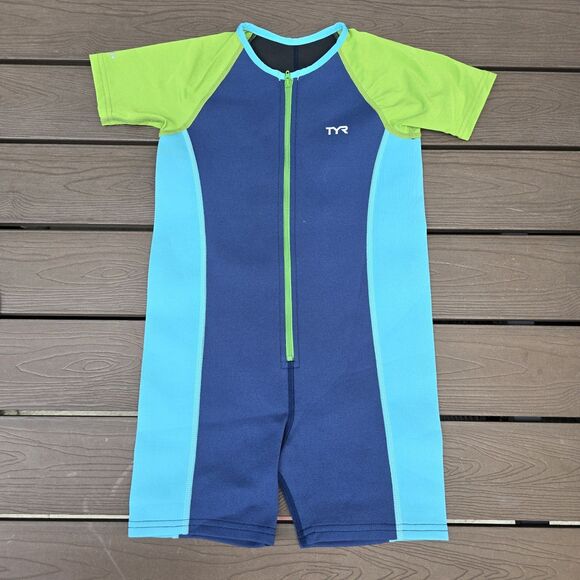TYR Boys Girls Solid Thermal Swim Suit Zip up Blue Olive Size 7/8 New Sample - Picture 1 of 2